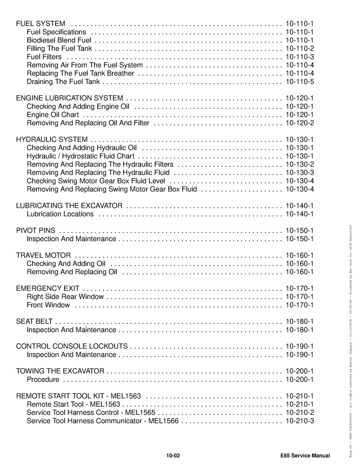 BOBCAT E85 Excavator Service Manual SN B48411001 Up, BIND, FRONT & BACK, FOLDOUT