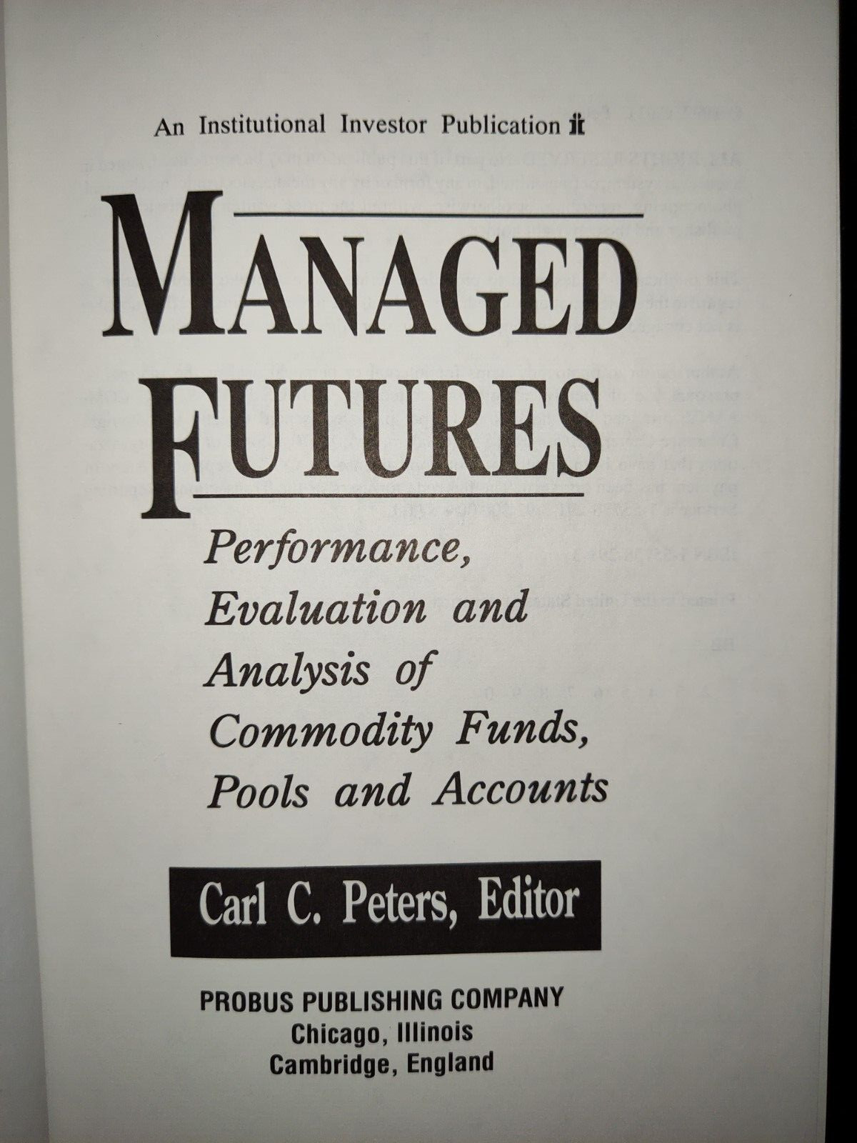 Managed Futures by Carl C. Peters 1992 HCDJ Signed to Victor Sperandeo