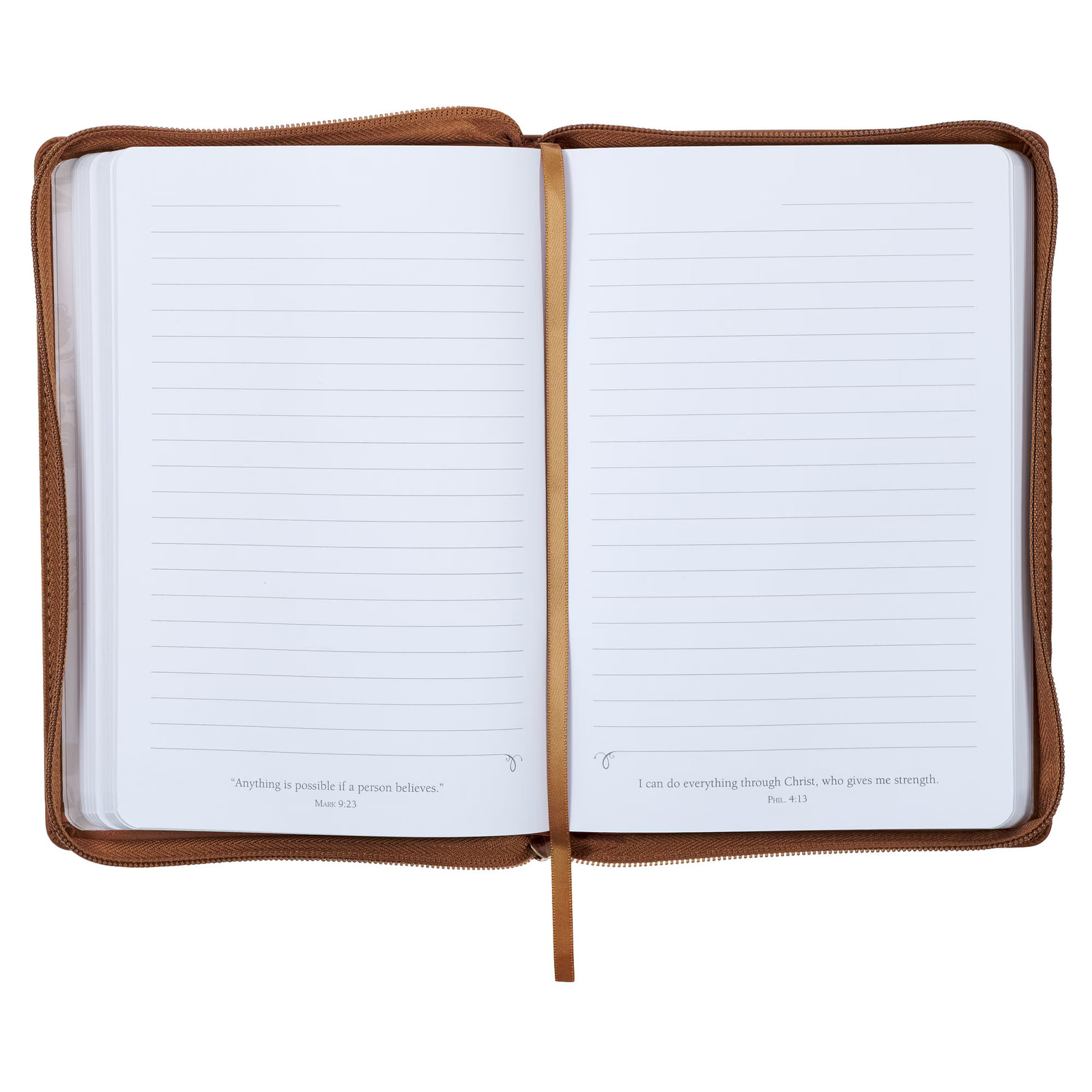 Brown Vegan Leather Zipped Journal, Inspirational Women’s Notebook Floral All