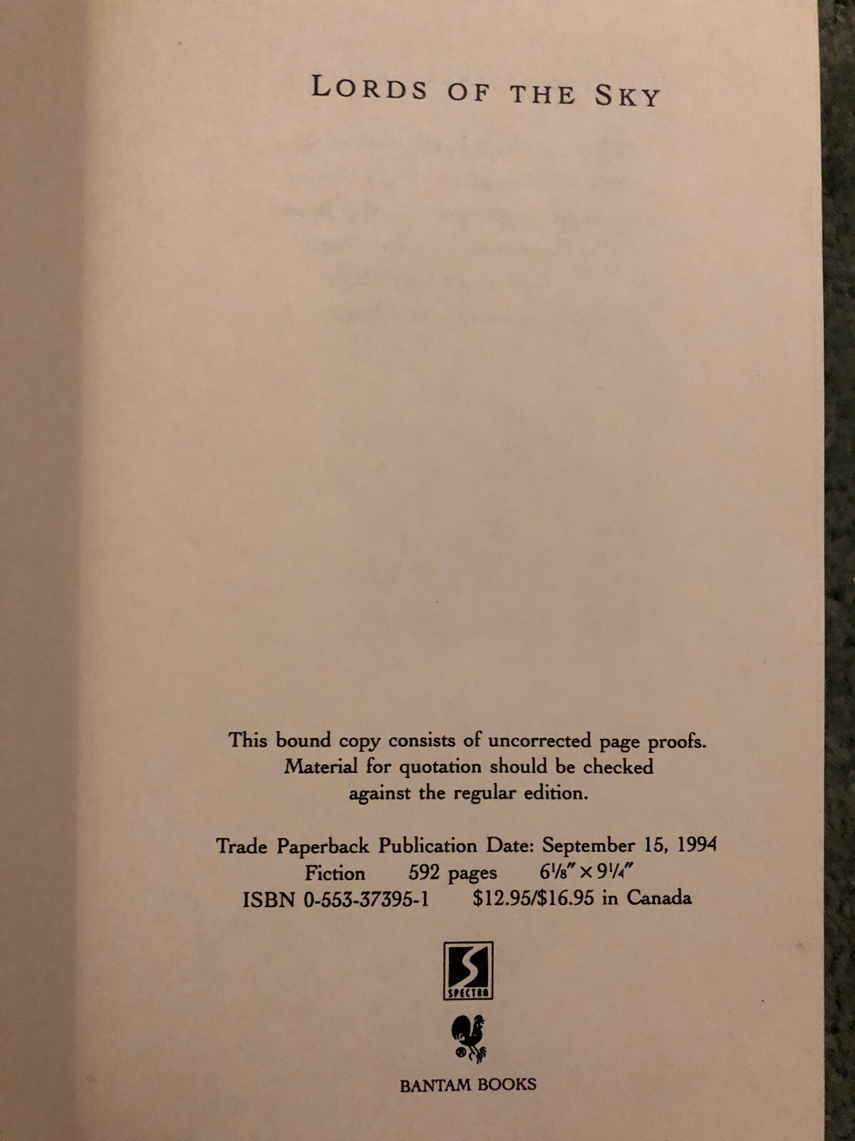 Lords of the Sky, Angus Wells, Uncorrected Proof, 1994 Bantam oversized pb