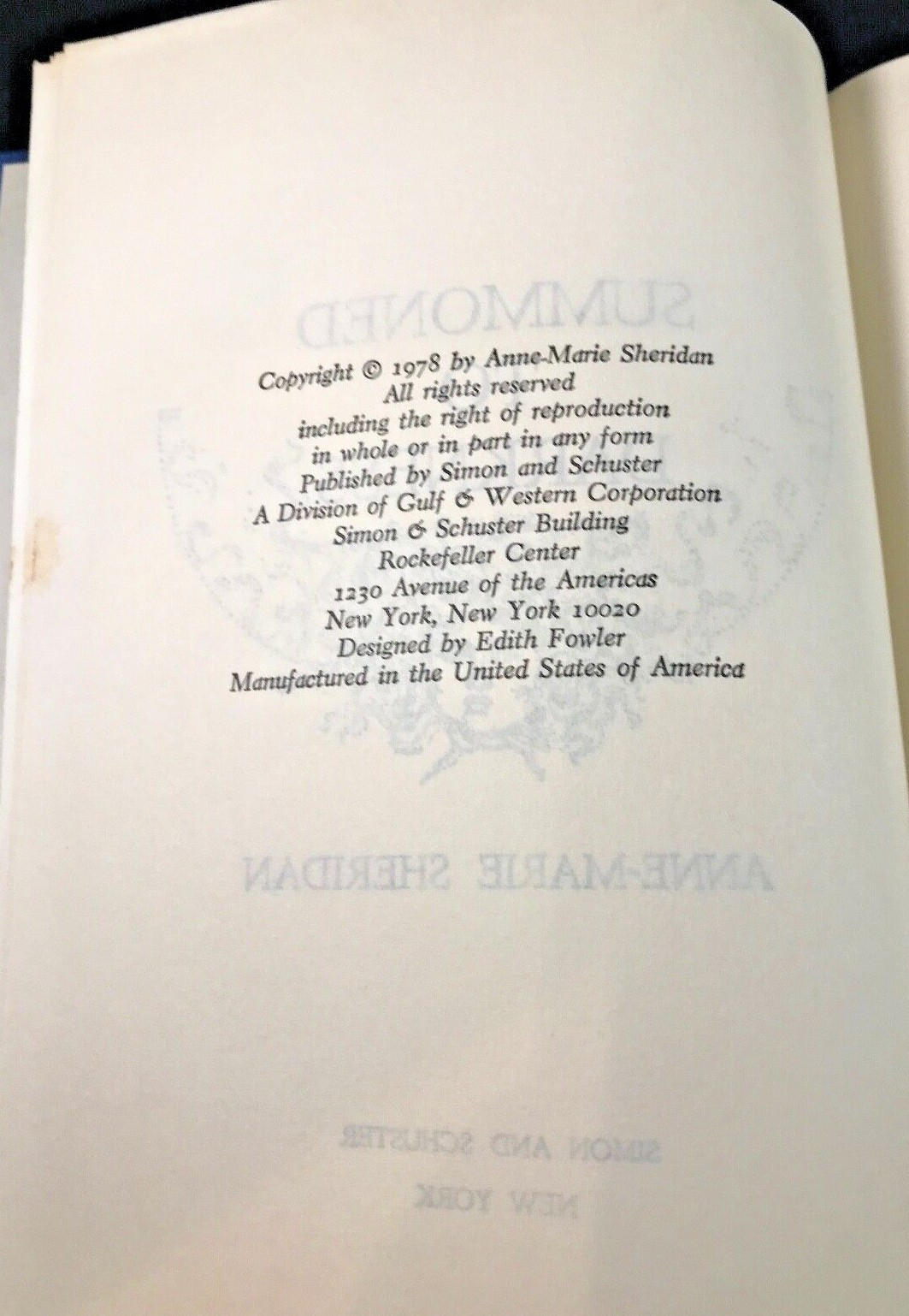 Sheridan, Anne-Marie Summoned to Darkness, Novel 1978, Hardcover/DJ BCE Vtg