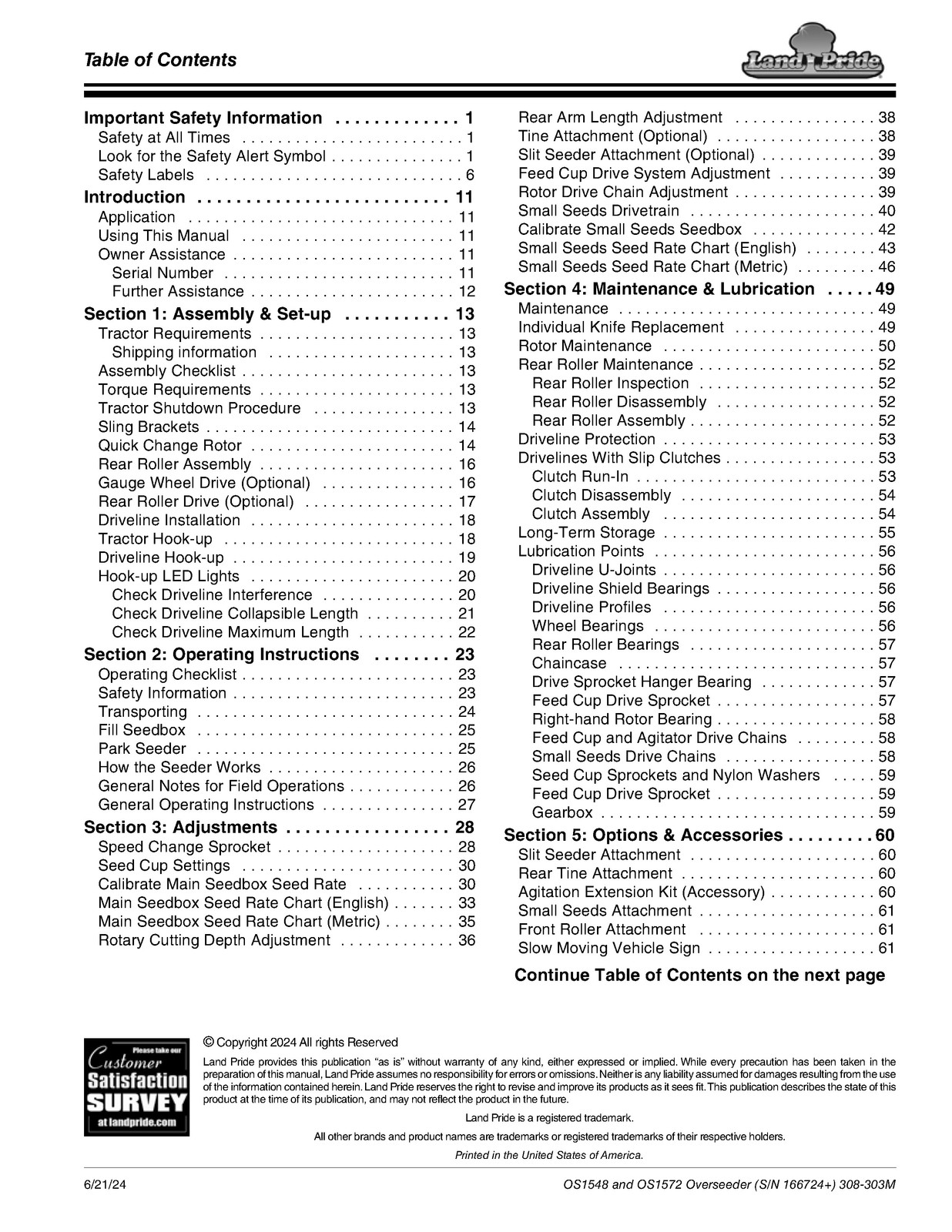 LAND PRIDE OS15 Series Overseeders Operators Manual – WIRE BOUND – TOUGH COVERS