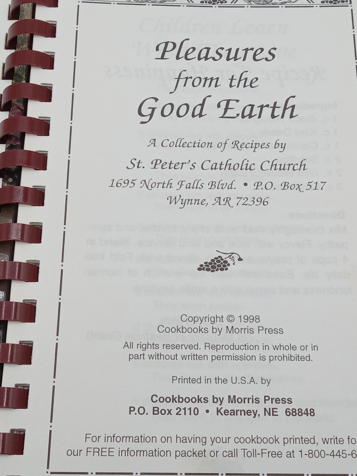 PLEASURES FROM THE GOOD EARTH COOKBOOK ST PETER ‘S CATHOLIC 132 PAGES