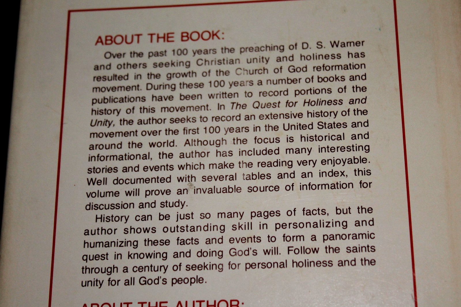 Rare 1980 Hardback copy of THE QUEST FOR HOLINESS AND UNITY (Church of God)