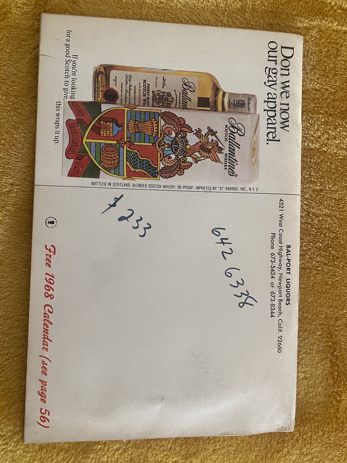 Vintage Advertising 1968 Bal-Port Wine & Liquors Party Book Calendar Newport CAL
