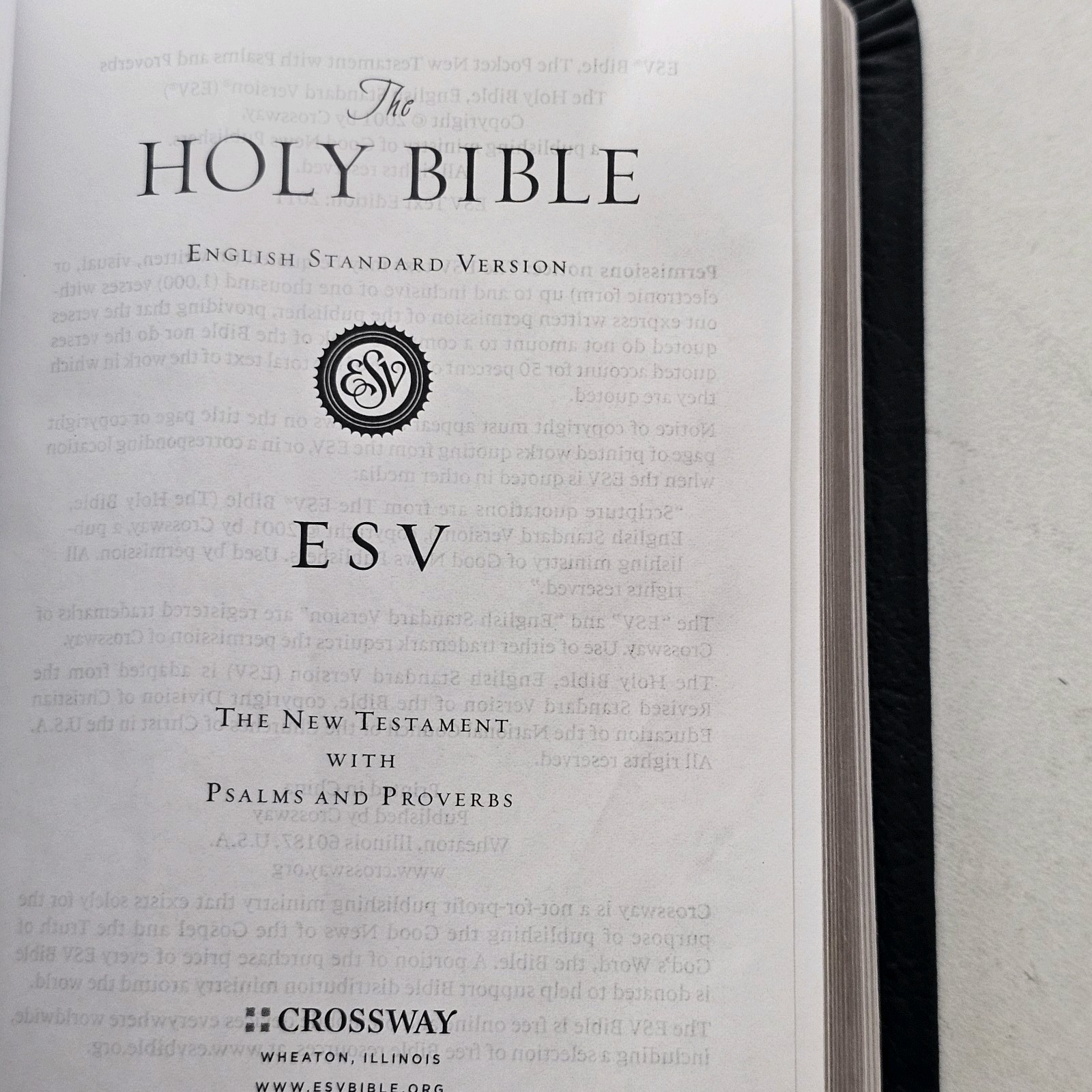 ESV New Testament, Psalms Proverbs Black Genuine Leather Pocket Size read desc.