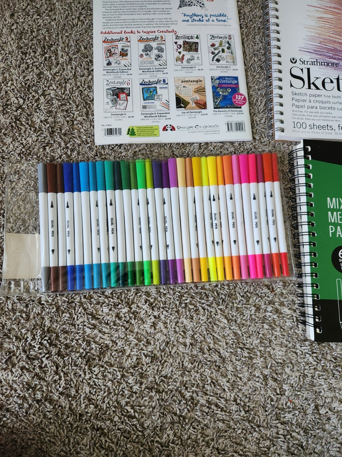 3 Zentangle Coloring Work books. 2 Sketch Books, 30 Color Dual Brush Pens