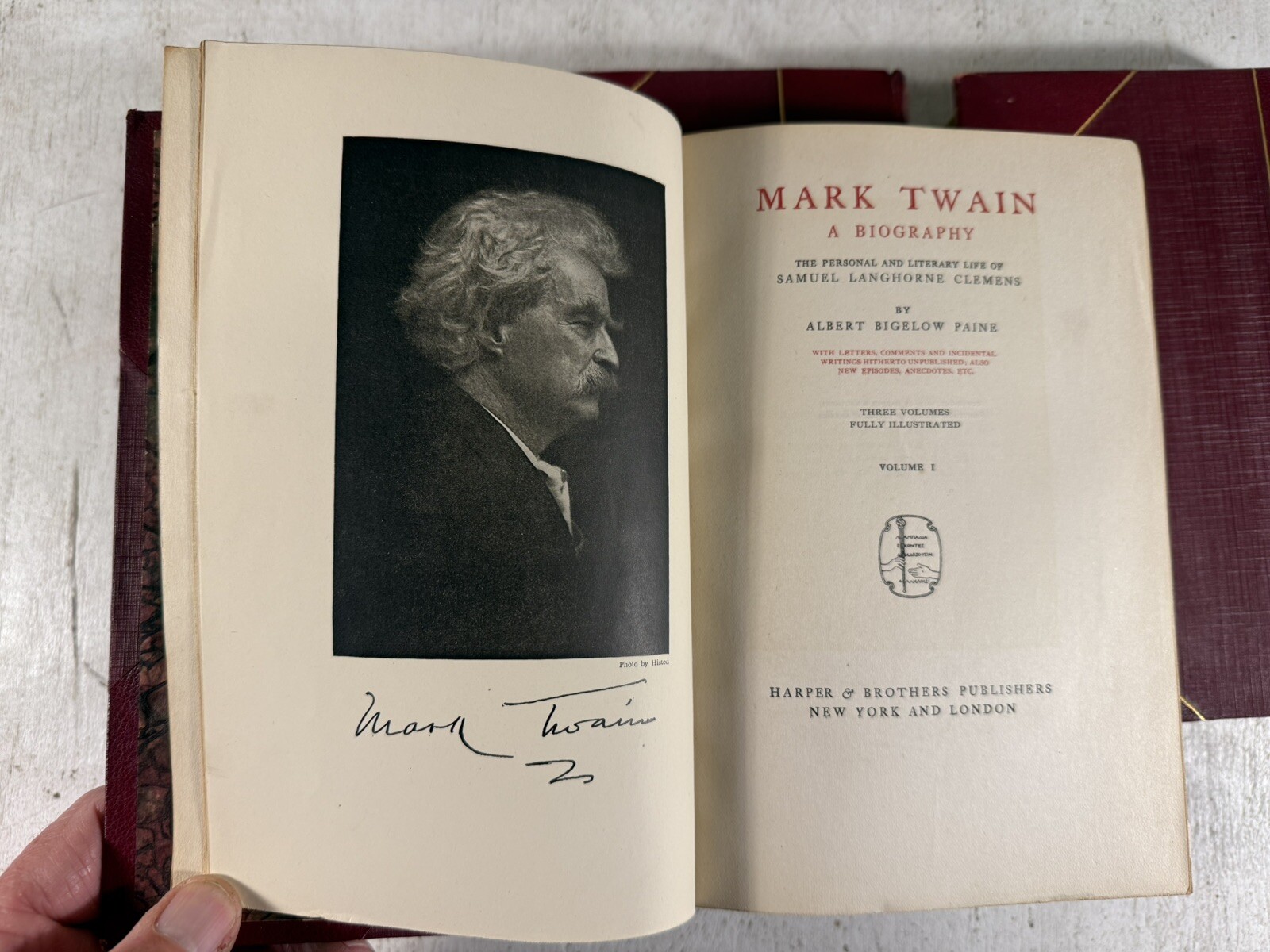 Mark Twain: A Biography by Paine 3 Antique Fine Binding Red Leather Books