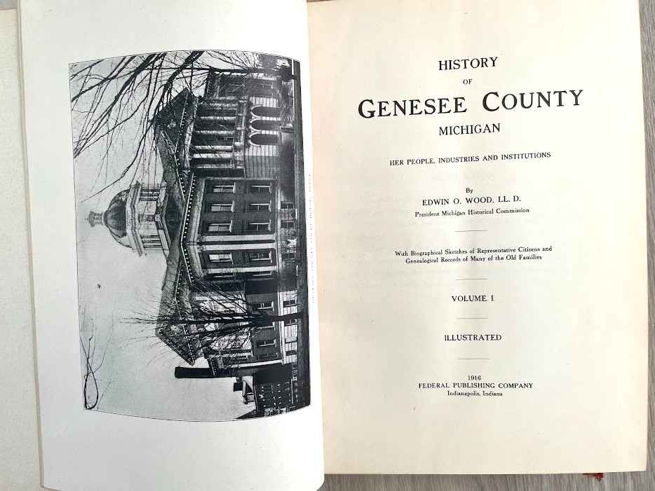 2 Antique 1916 History of Genesee County Michigan book Illustrations HC – Wood