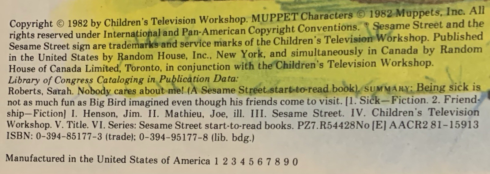 CTW Sesame Street 1st Vtg HC Ed. Nobody Cares About Me! Sarah Roberts 1982 GOOD!