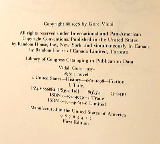 1876 A Novel By Gore Vidal, 1976, 1st Edition, Vintage, Hardcover
