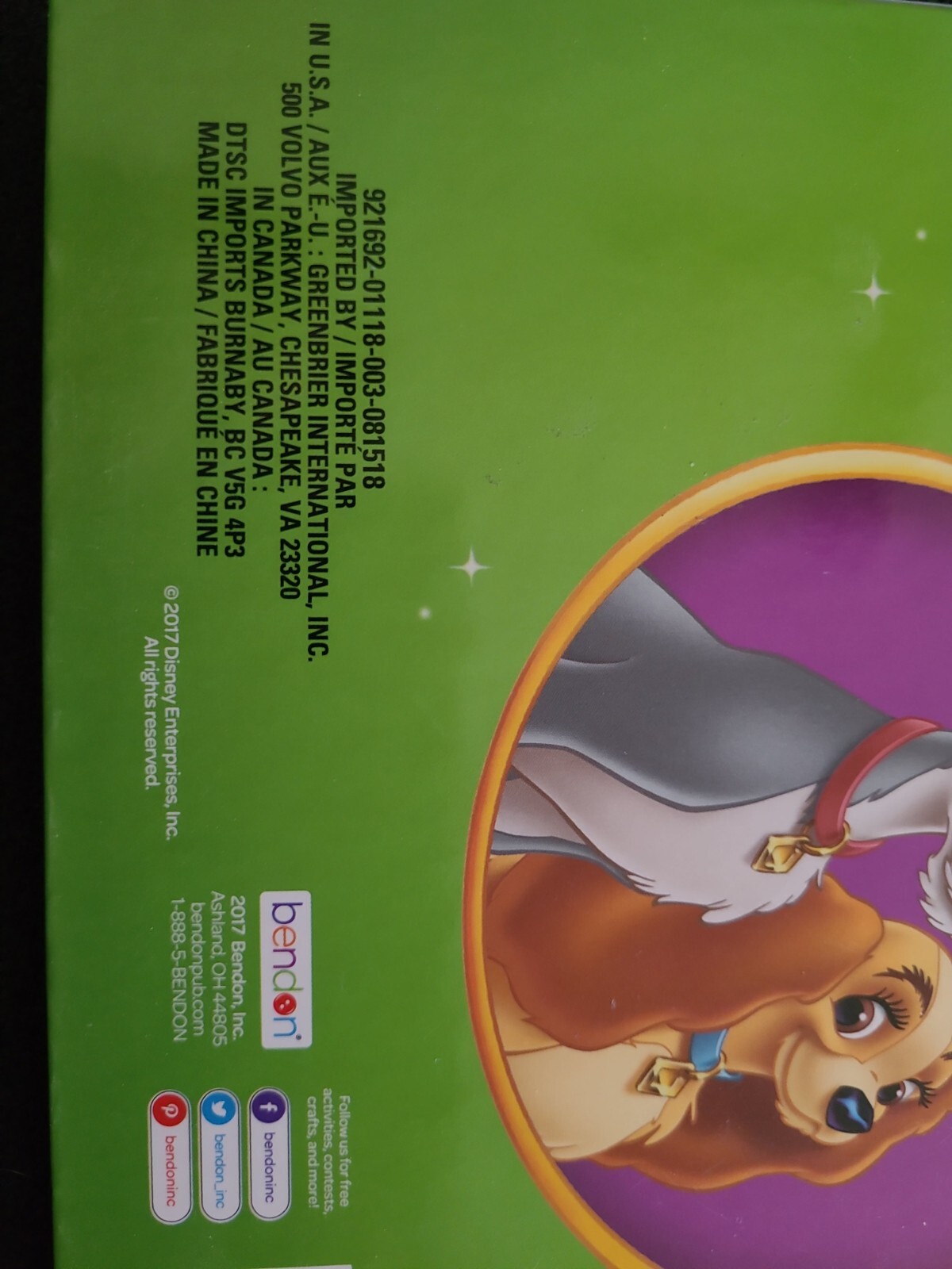 Lady and the tramp children’s book 2017 Bendon Inc. Great condition.