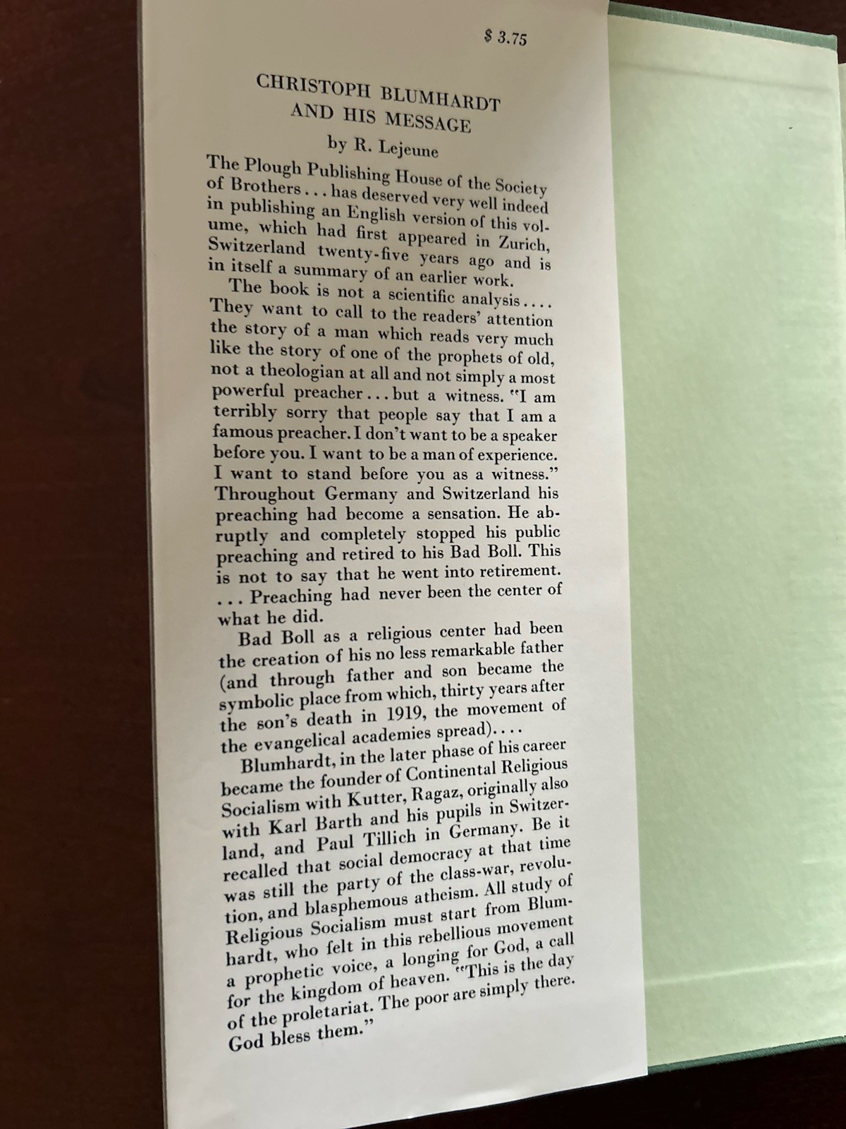 Christoph Blumhardt and His Message (1963 Vintage Hardcover) by Robert Lejeune