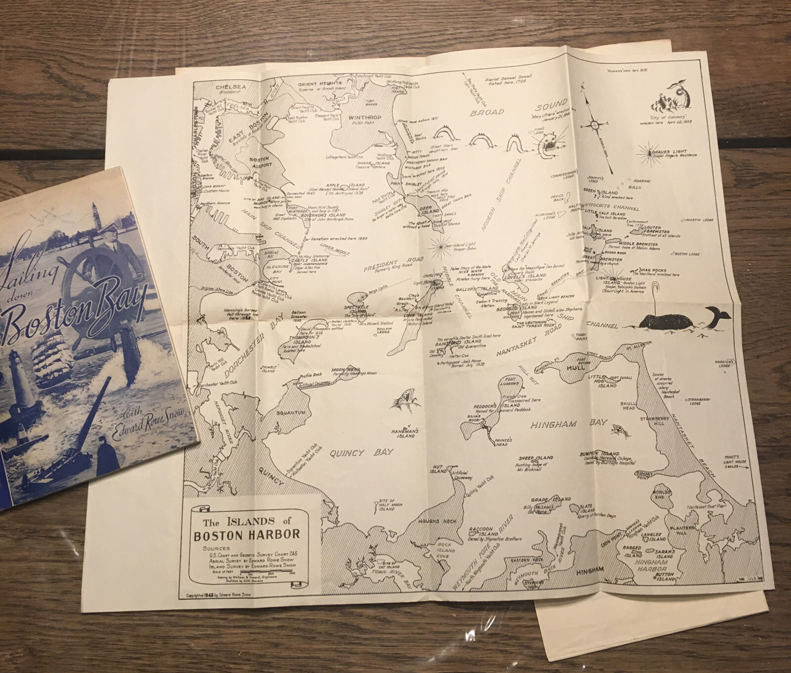 Vintage Boston MA 1941 “SAILING DOWN BOSTON BAY” Edward Rowe Snow SIGNED +4Maps