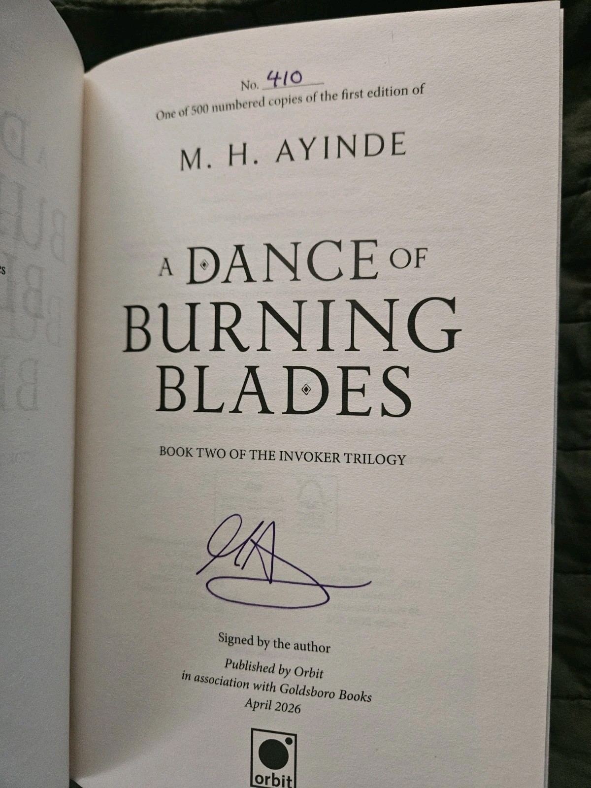 A Dance of Burning Blades – M. H. Ayinde – Signed Numbered UK HB (Goldsboro)
