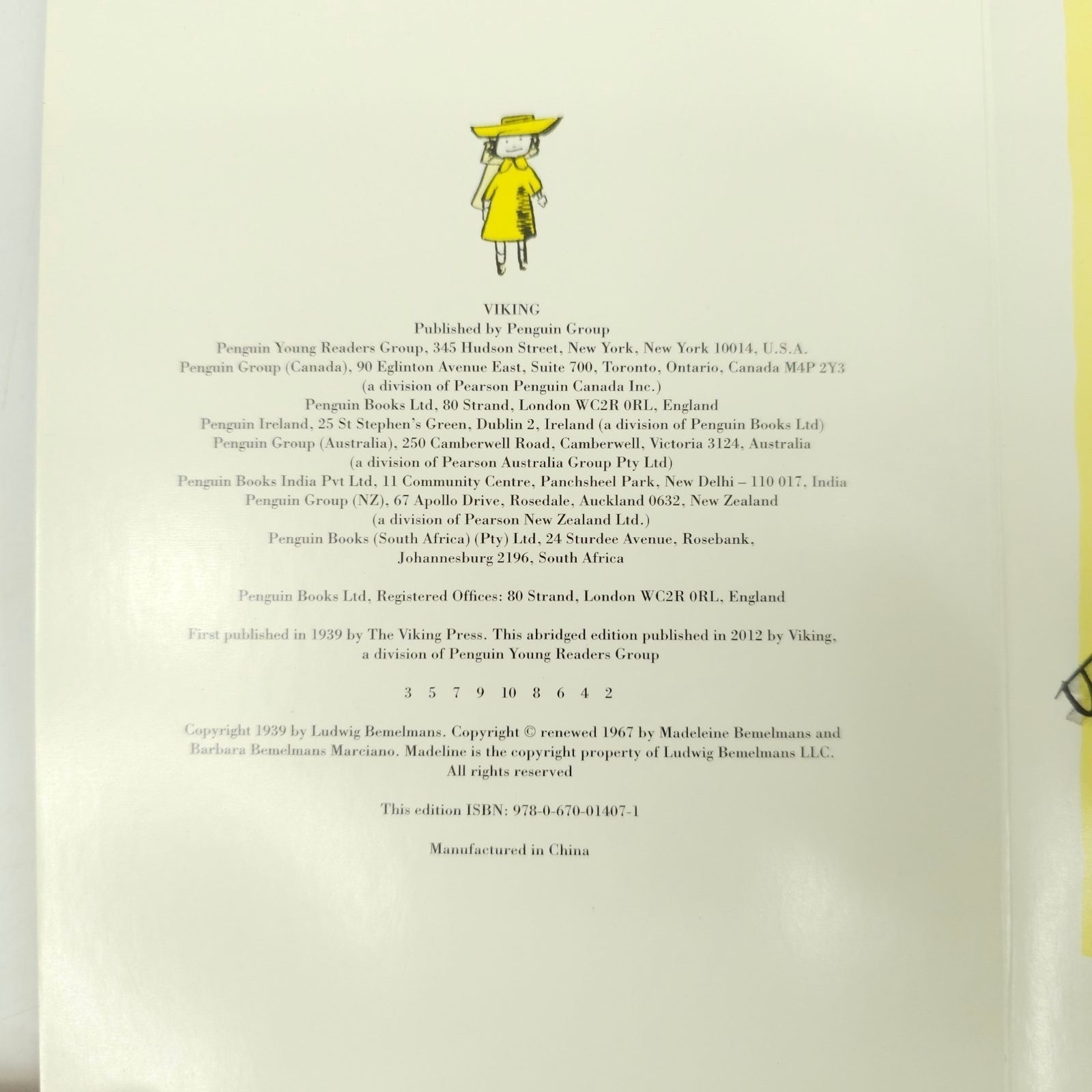 Madeline Ludwig Bemelmans Board Book Caldecott Honor Classic 2012 Abridged Ed