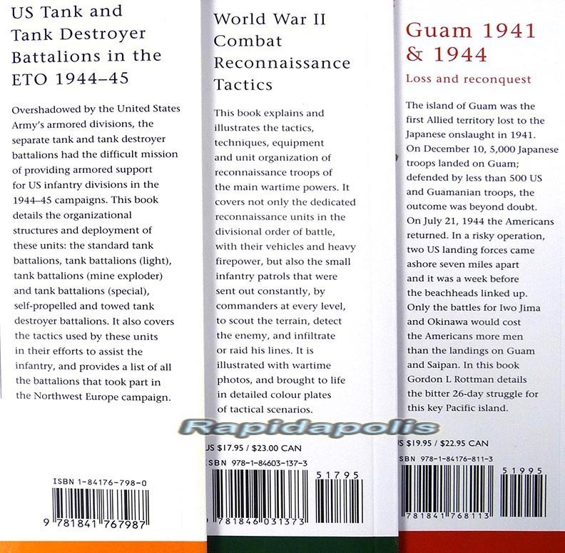 THREE Osprey Books WW2 – ETO Tanks, Reconnaissance Tactics, Guam