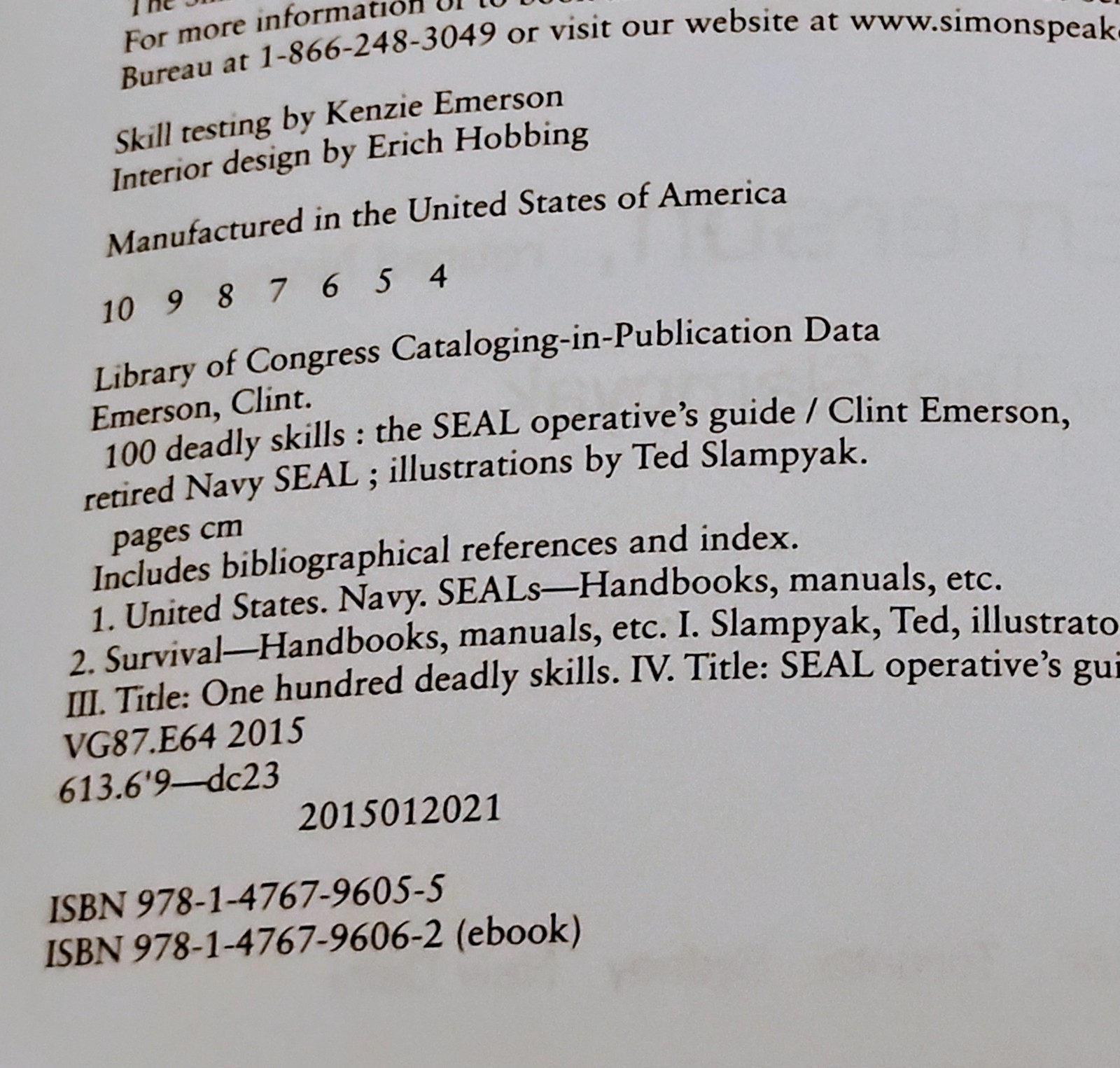 100 Deadly Skills: The NAVY SEAL Operative’s Guide by Clint Emerson 2015 PB
