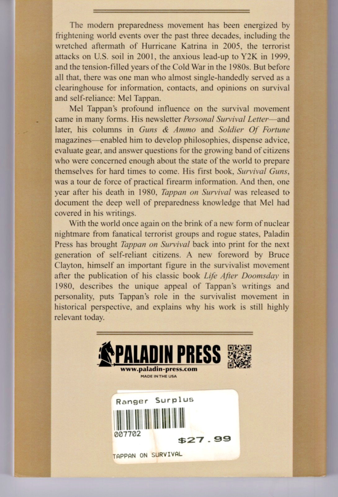 Tappan On Survival / Paladin Press / 2006 / Paperback / Very Good Condition