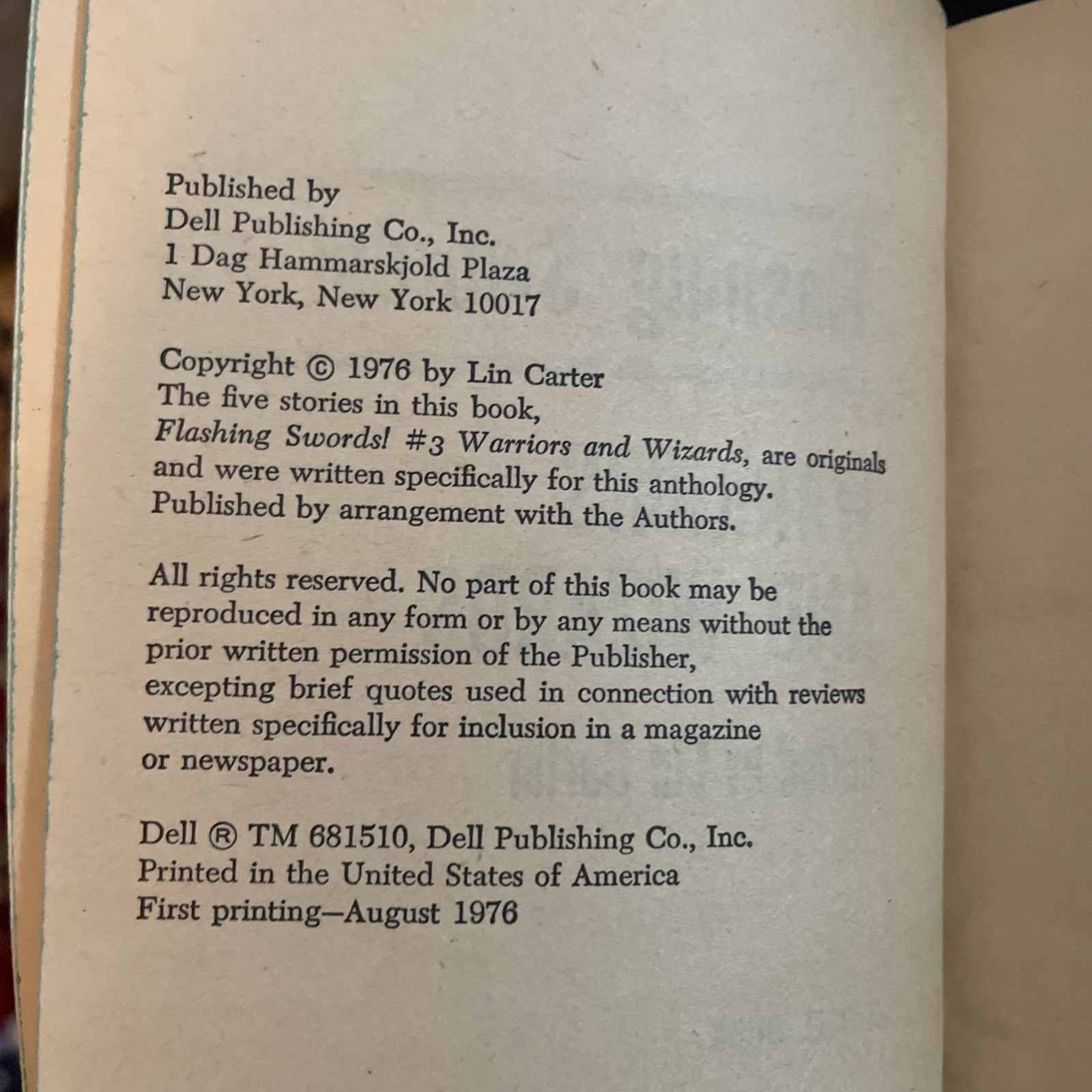 Flashing Swords #3 – Warriors & Wizards, Ed Lin Carter, Dell PB 1st Ed 8/76