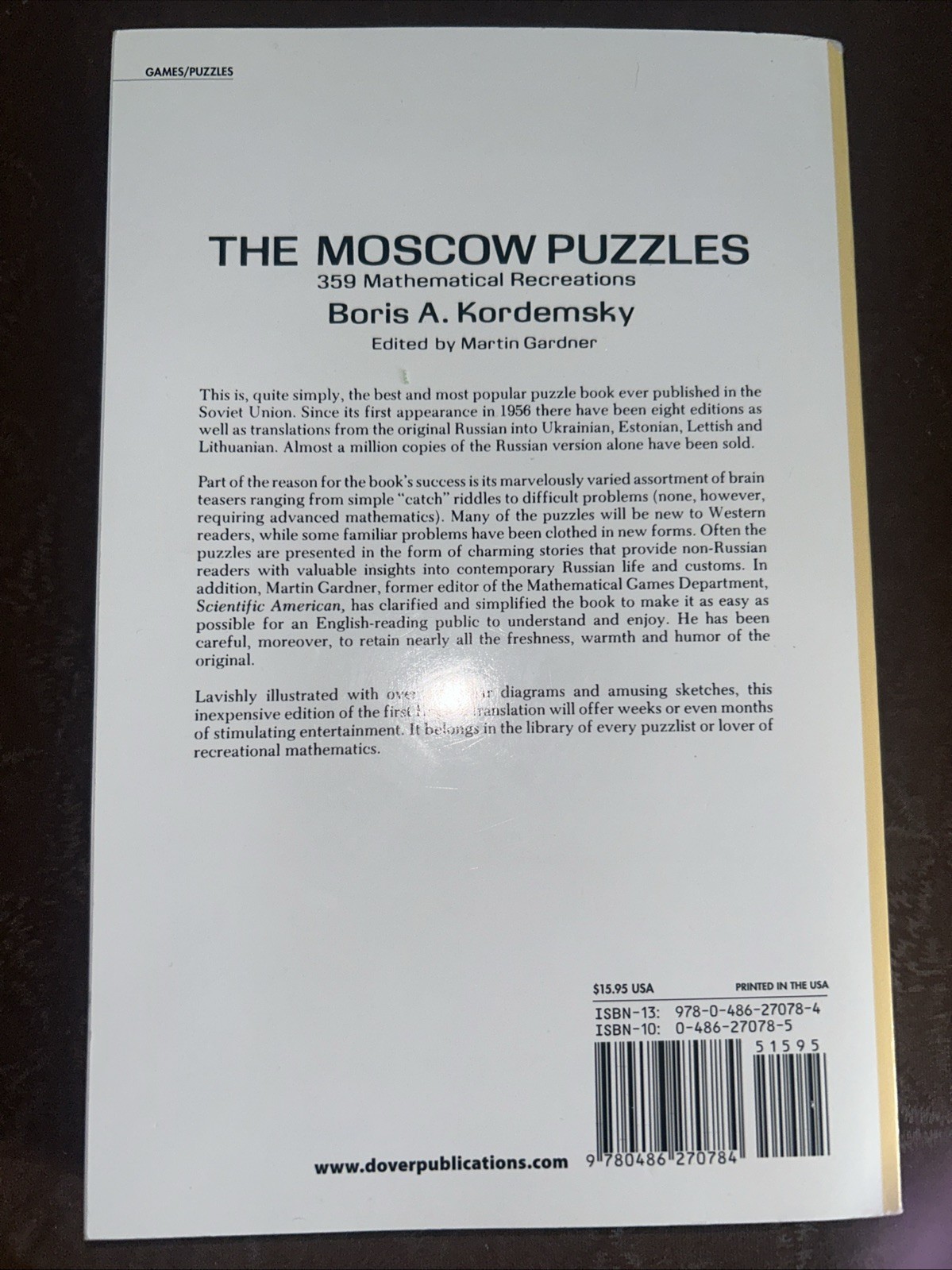 Moscow Puzzles : 359 Mathematical Recreations by Boris A. Kordemsky Paperback