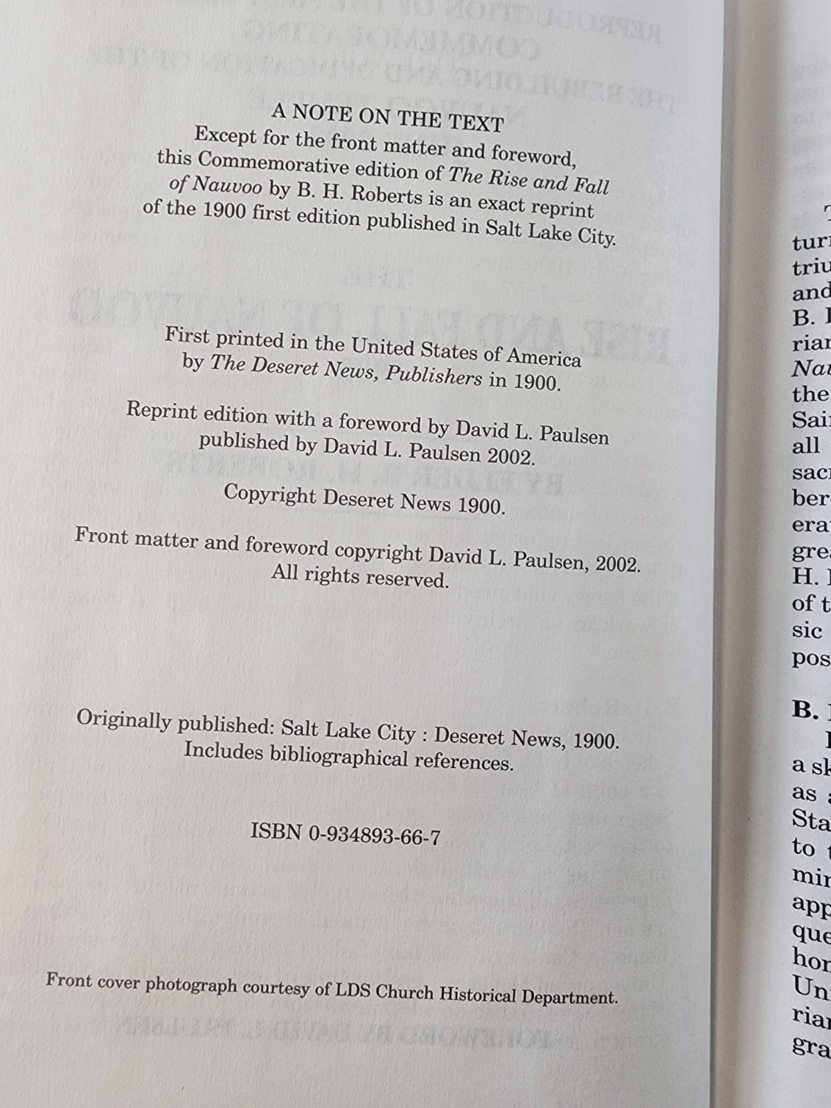 The Rise and Fall of Nauvoo by Elder B.H. Roberts 2002 Commemorative Edition