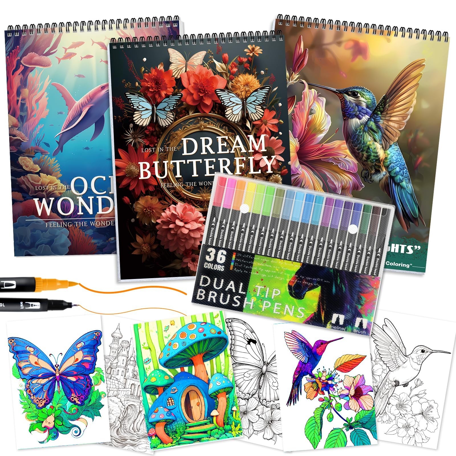 3Pcs Adult Coloring Book Set for Relaxation – 36 Dual Tip Markers, Mindfulness G