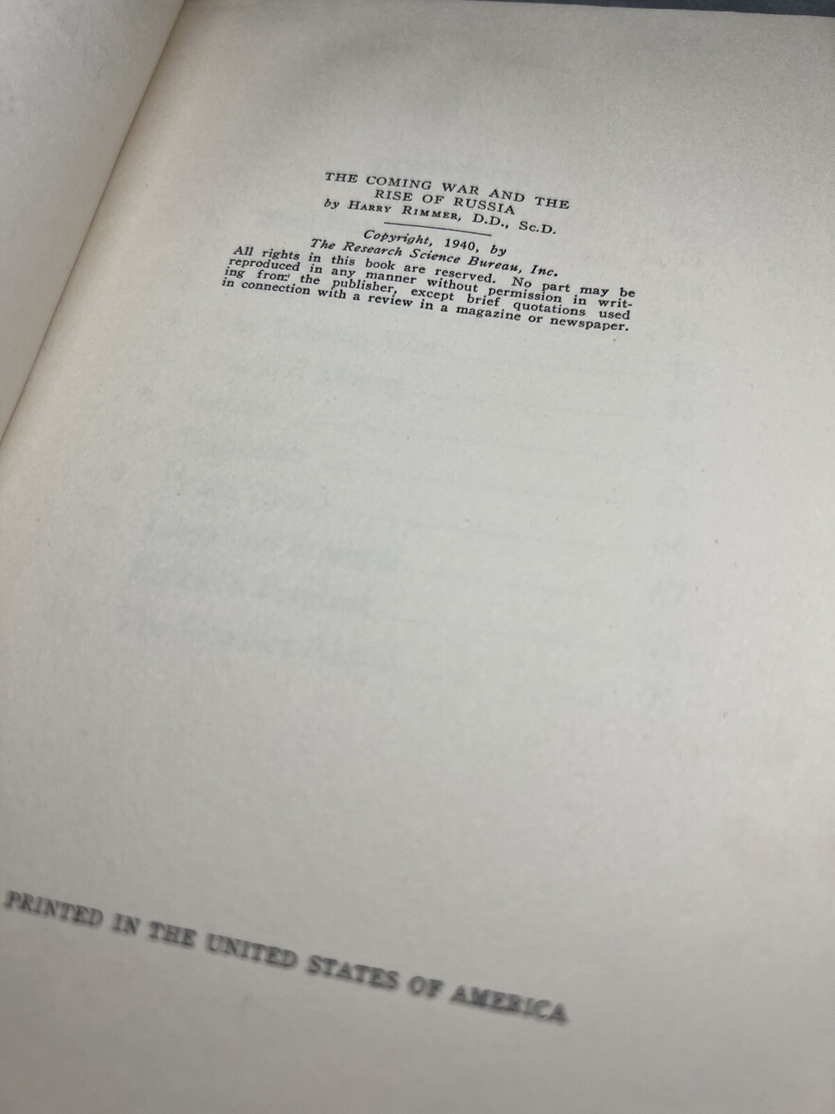 The Coming War and the Rise of Russia by Harry Rimmer (1940) (read Description)￼