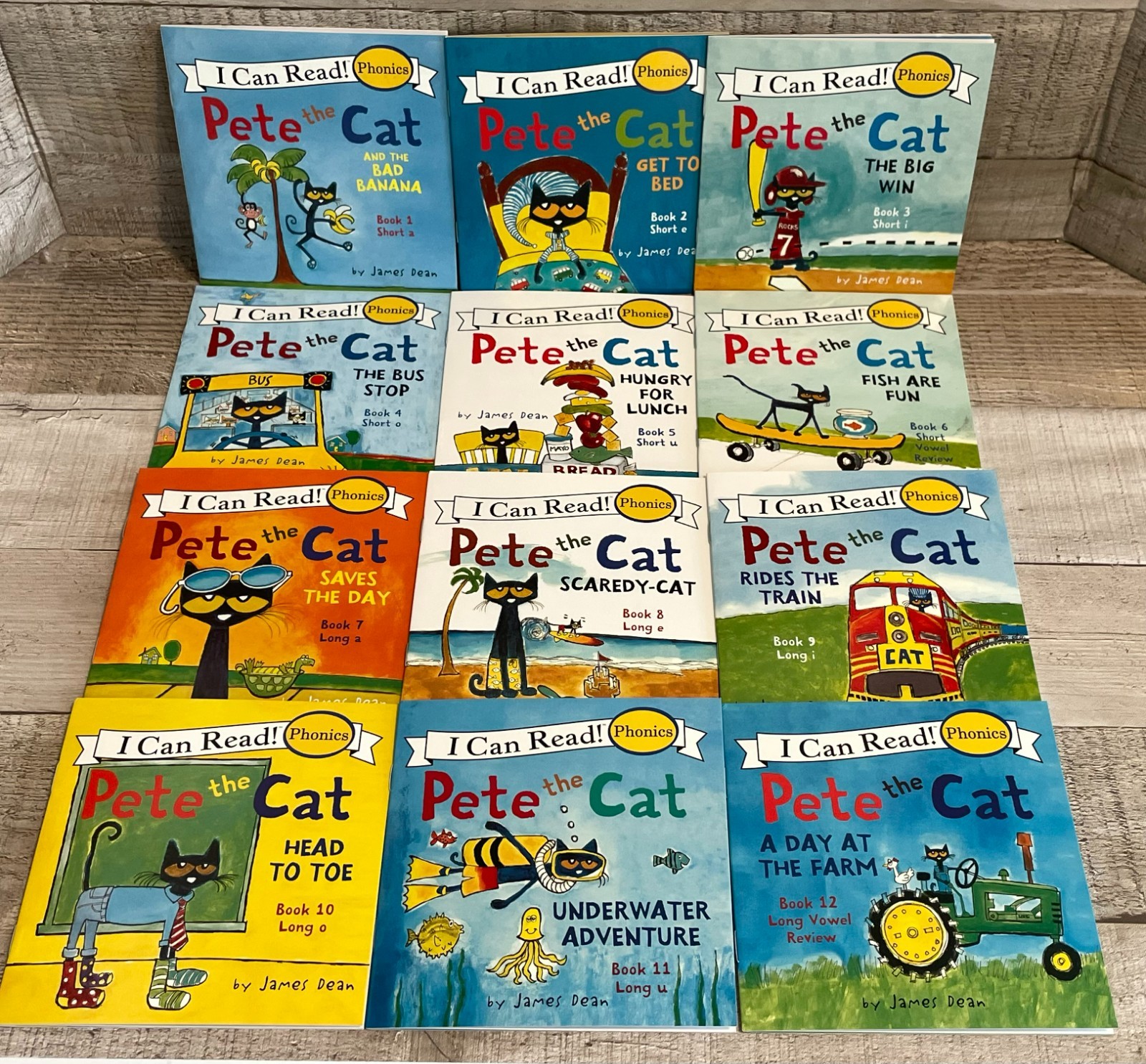 I Can Read Phonics Pete The Cat Books Short/Long Vowels Set of 12 & Bookmarker