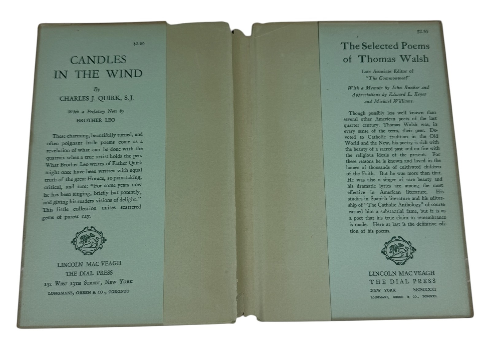 Candles in the Wind by Charles J. Quirk S.J. 1931 Poetry Book The Dial Press