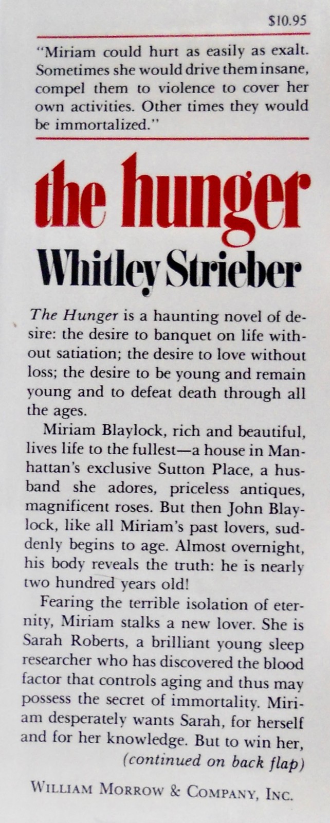 Whitley Strieber. THE HUNGER. Morrow, 1981. 1st HC/DJ. Author’s 2nd Book. Scarce