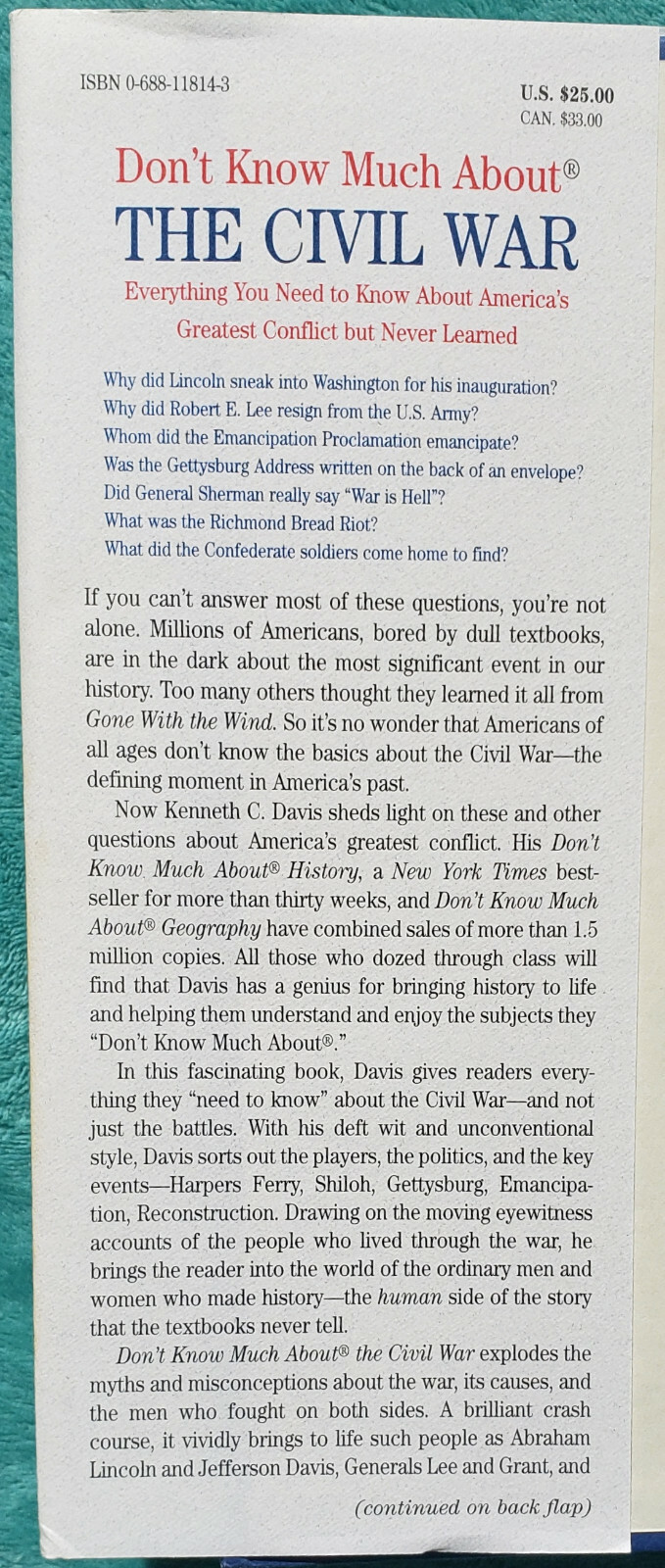 Don’t Know Much About The Civil War 1996 First Edition Hardcover 518 Pages