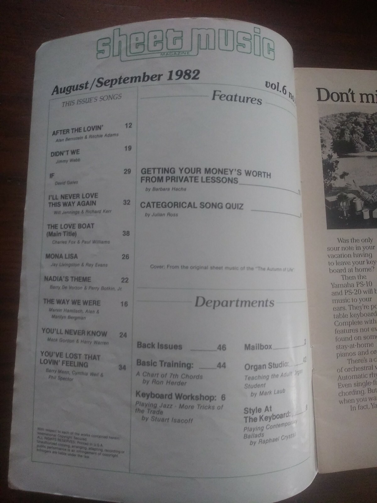 Sheet Music Magazine Back Issue August/September 1982