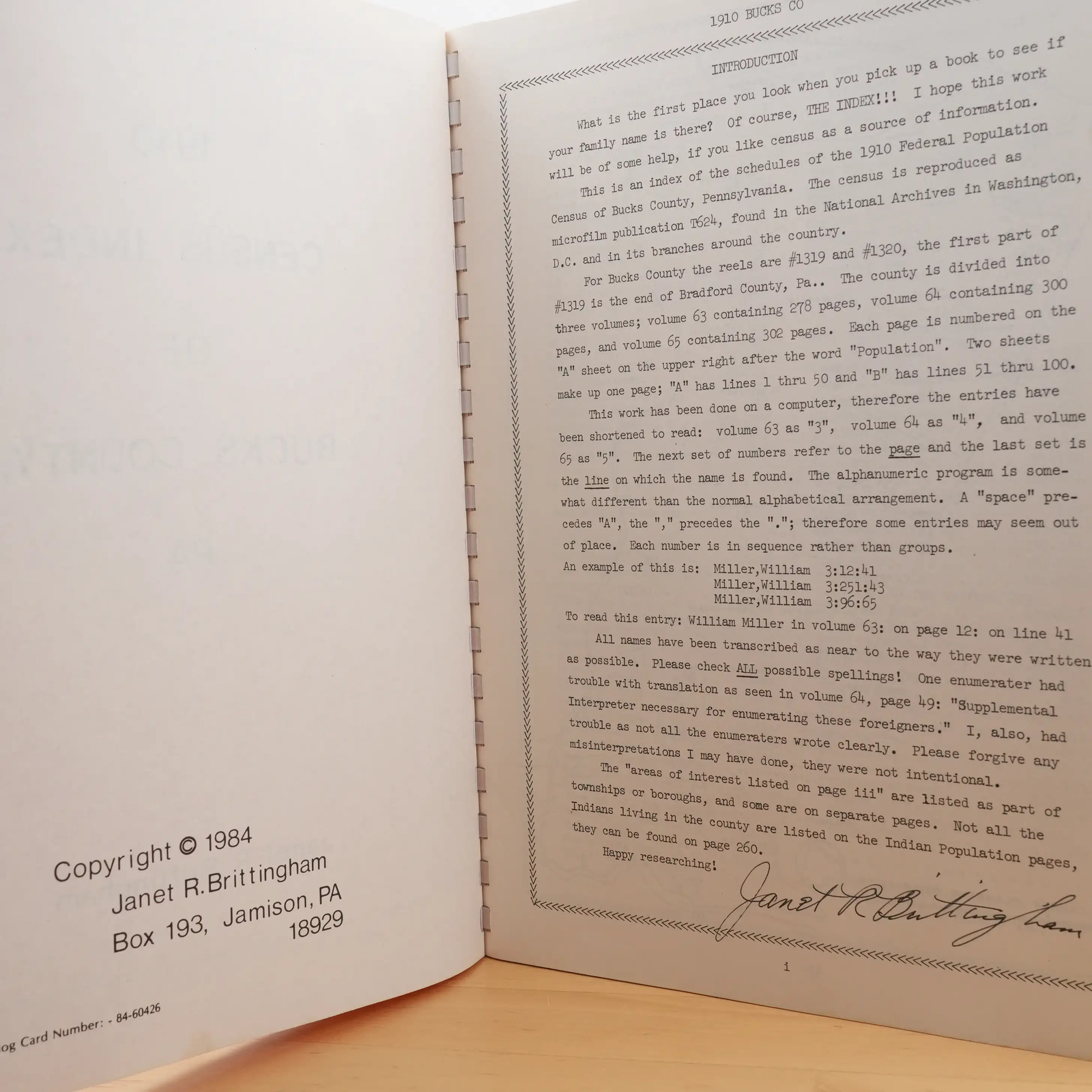 SIGNED 1910 census index of Bucks County, Pa by Janet R Brittingham (1984)