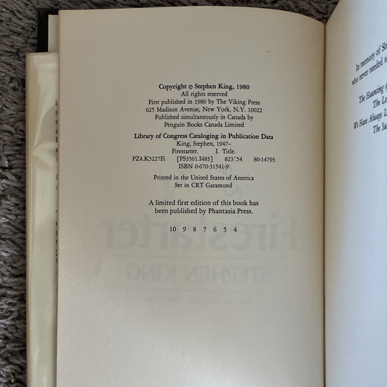 Firestarter Stephen King First Edition HCDJ 1980 Viking Press