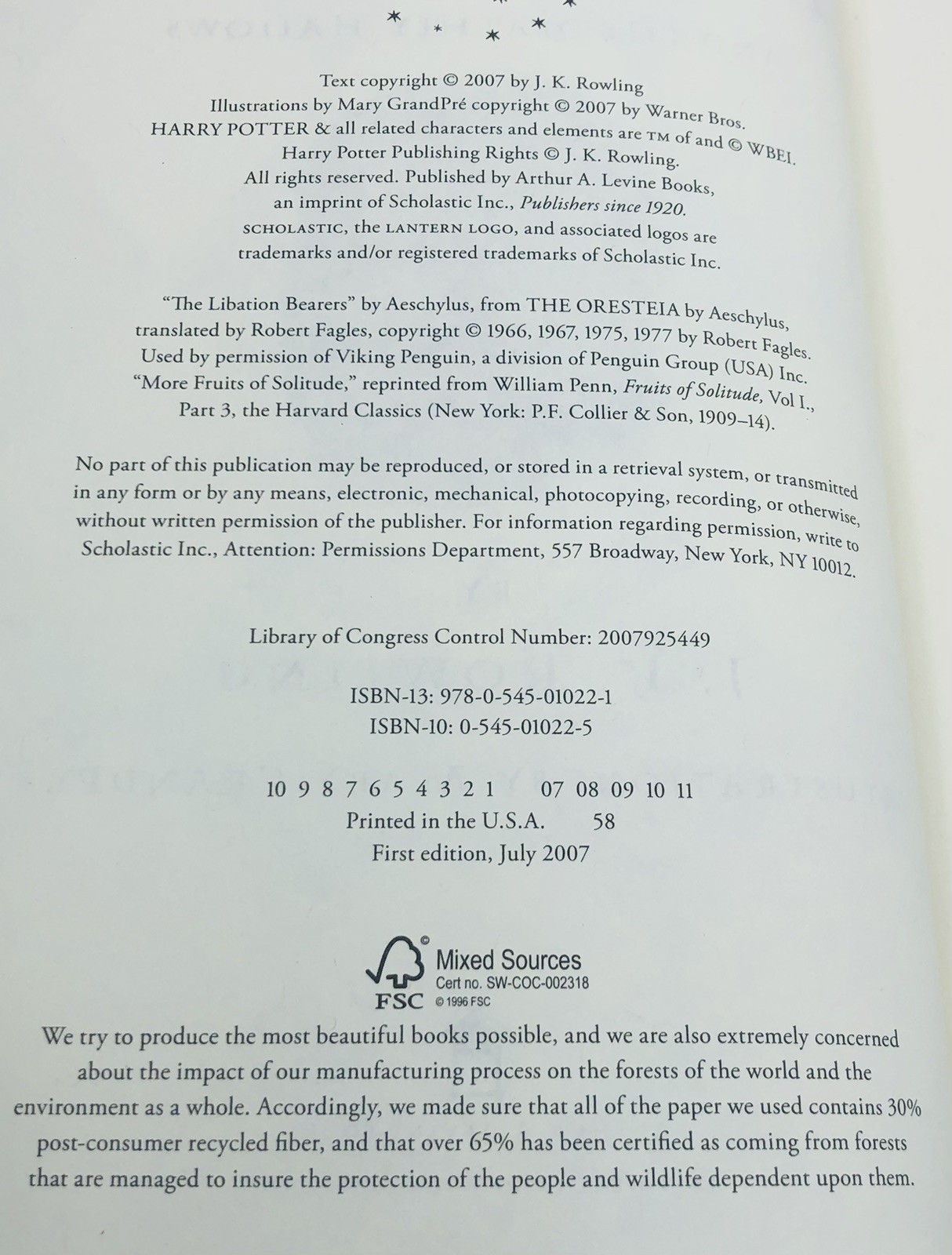 Harry Potter And The Deathly Hallows RARE FIRST EDITION 10-1 Line Pg 759 Error