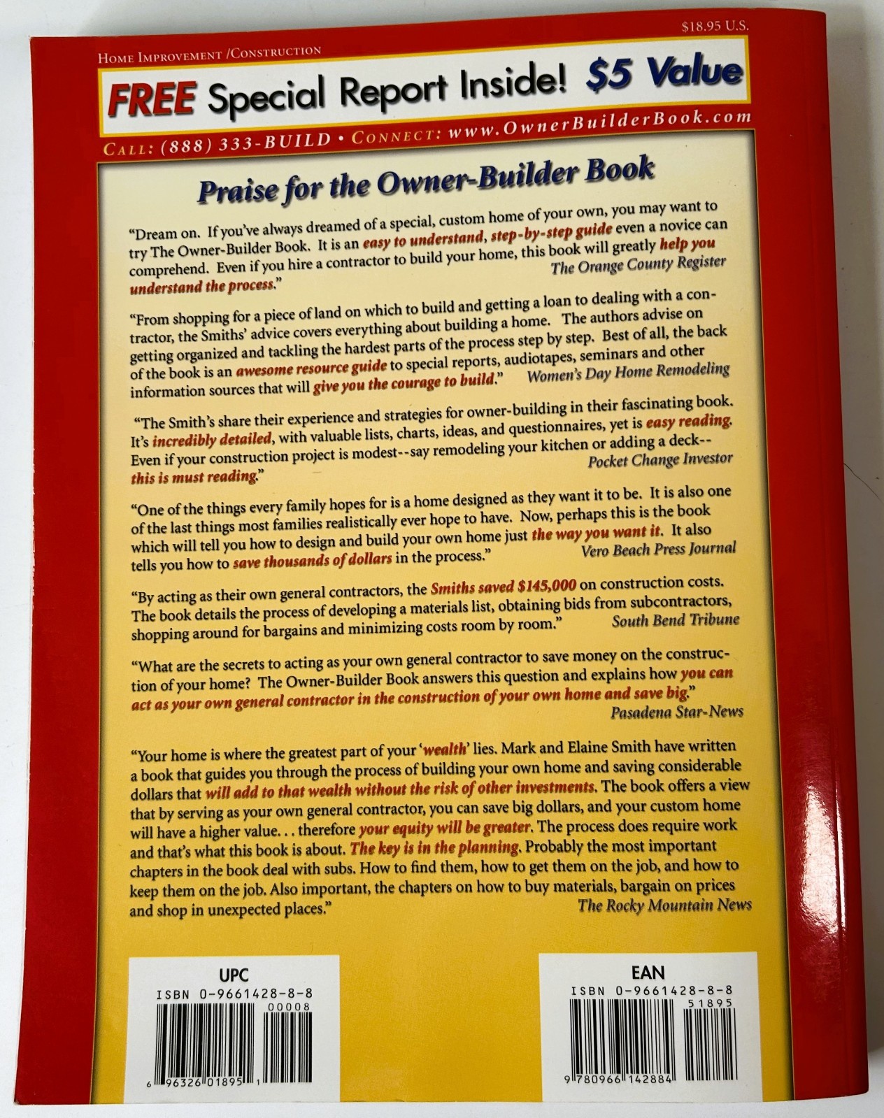The Owner-Builder Book: How You Can Save Paperback Mark & Elaine Smith