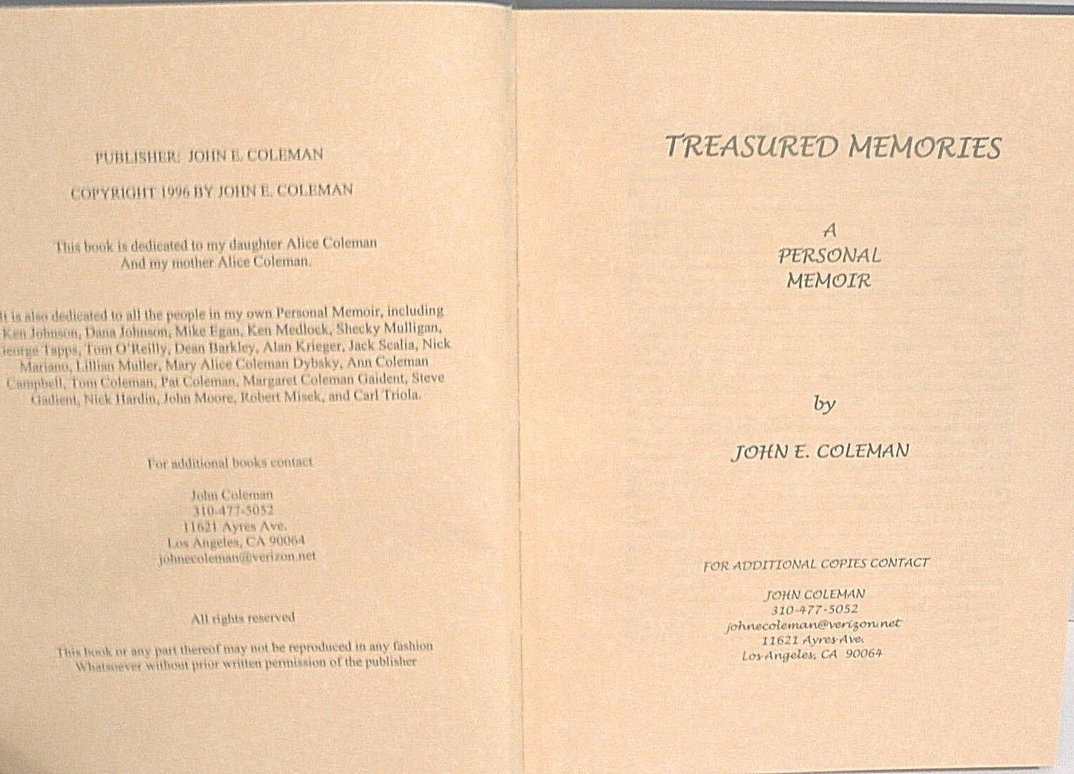 Treasured Memories a personal memoir blank book fill in by John E Coleman family