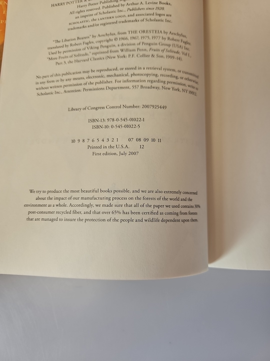1st Edition Harry Potter and The Deathly Hallows 2007 J.K. Rowling 759 pg Book 7