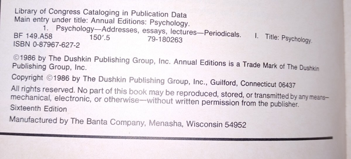 Annual Editions: Psychology 86/87 -Paperback- Fitzgerald, Hiram E – 16th Edition