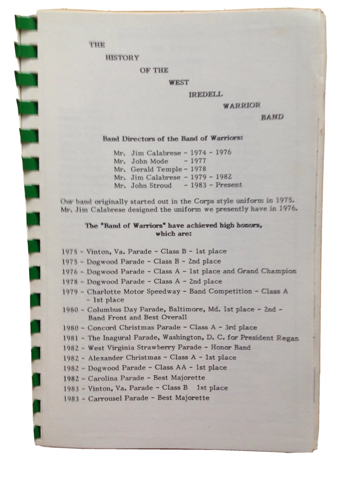 1984 WEST IREDELL HIGH SCHOOL WARRIOR BAND COOKBOOK, STATESVILLE, NC