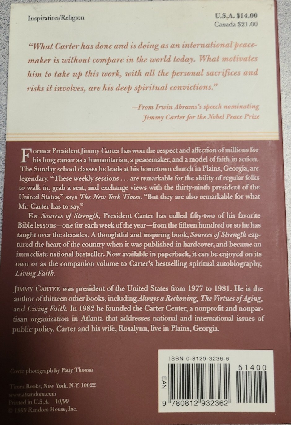 Sources of Strength Meditations on Scripture & Faith by Jimmy Carter 1st Printng