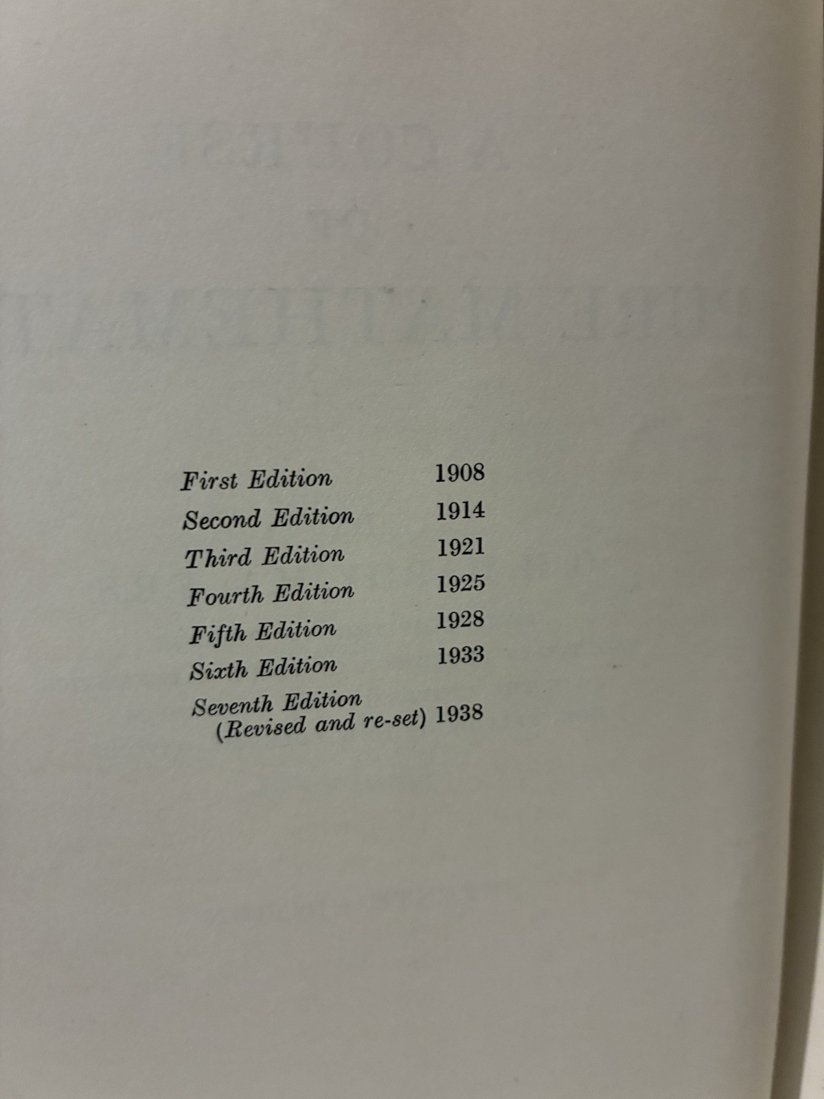 A Course of Pure Mathematics – G. H. Hardy 1938 – Hardcover