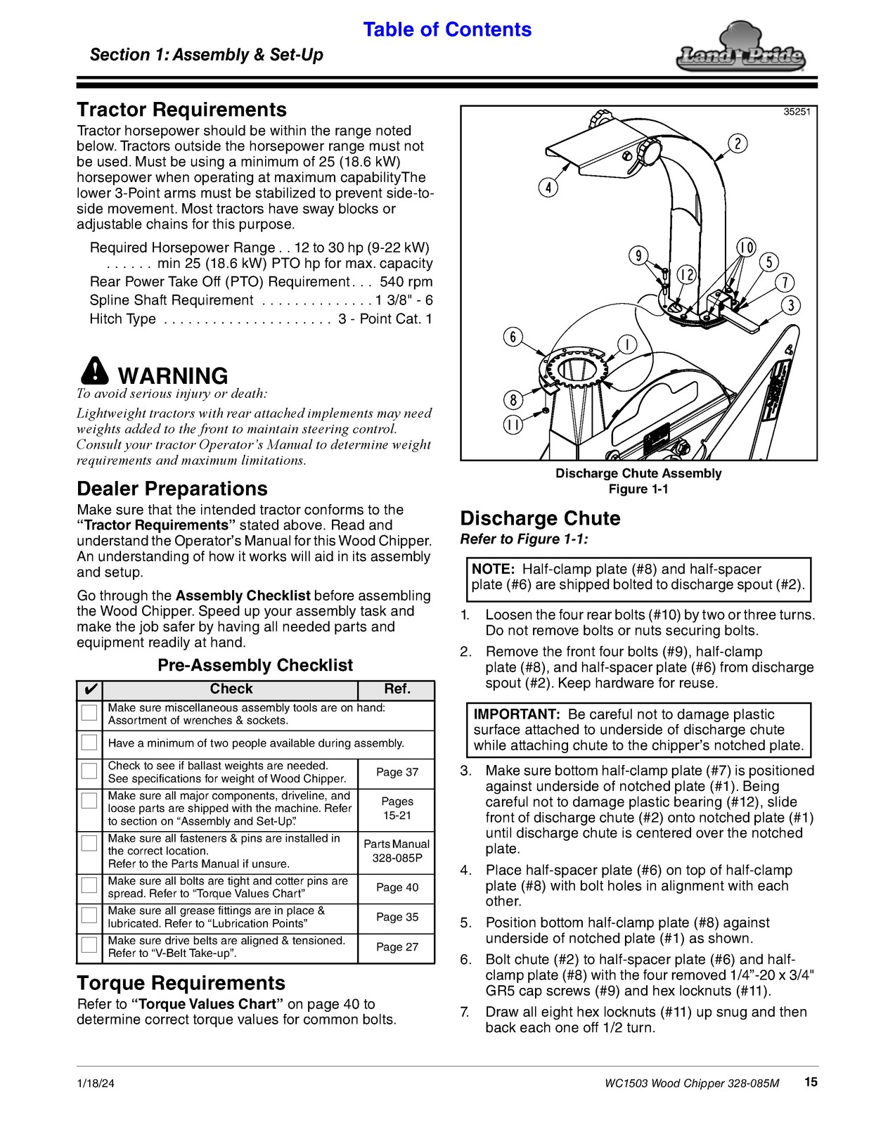 LAND PRIDE WC1503 Wood Chippers Operators Manual – WIRE BOUND – TOUGH COVERS