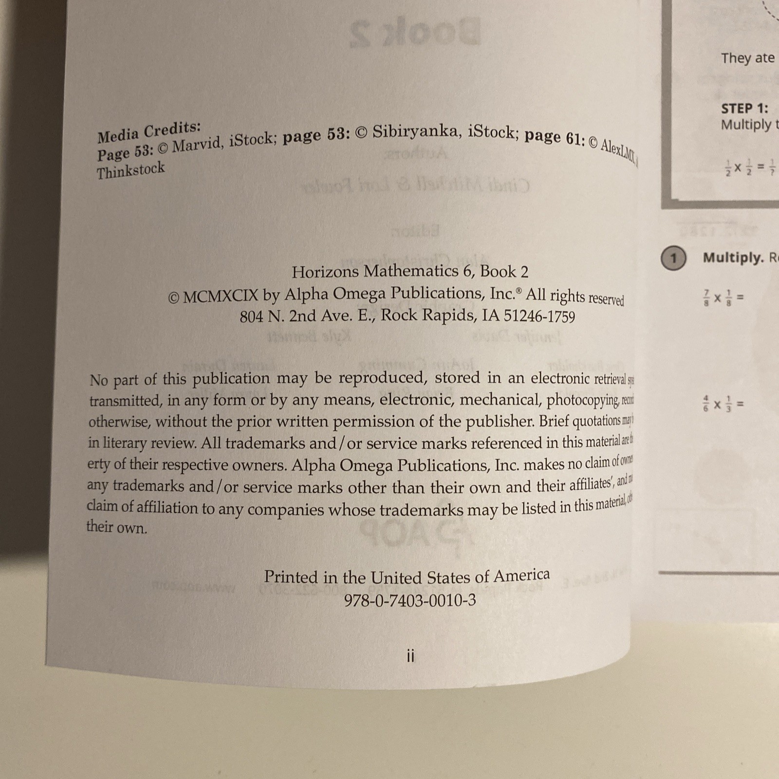 Horizons Math 6, Grade 6: Student Workbook, Book 2 – Clean Pages, Like New