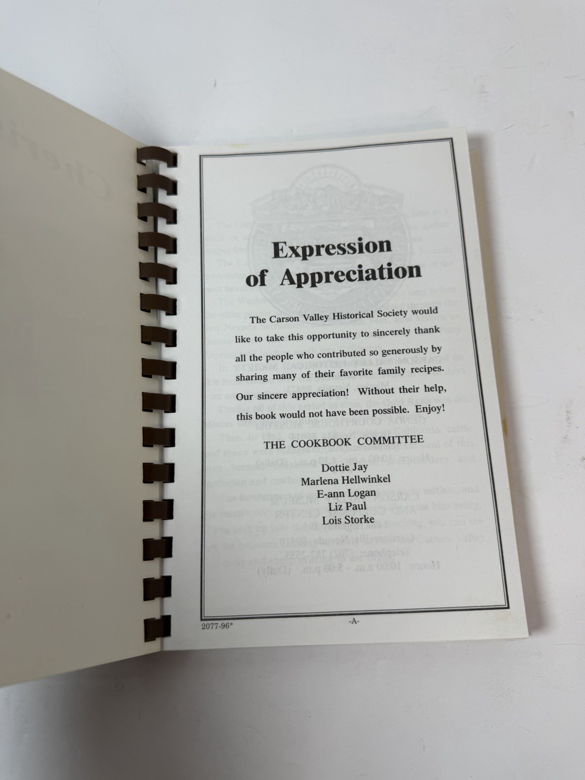 Carson Valley Historical Society Cherished Recipes Spiral Cookbook Nevada