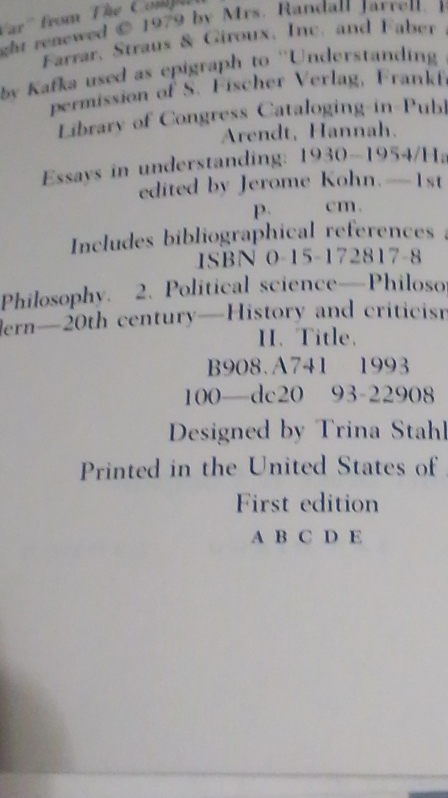 Hannah Arendt Essays in Understanding 1930-1954 1st Ed Hardcover 1994