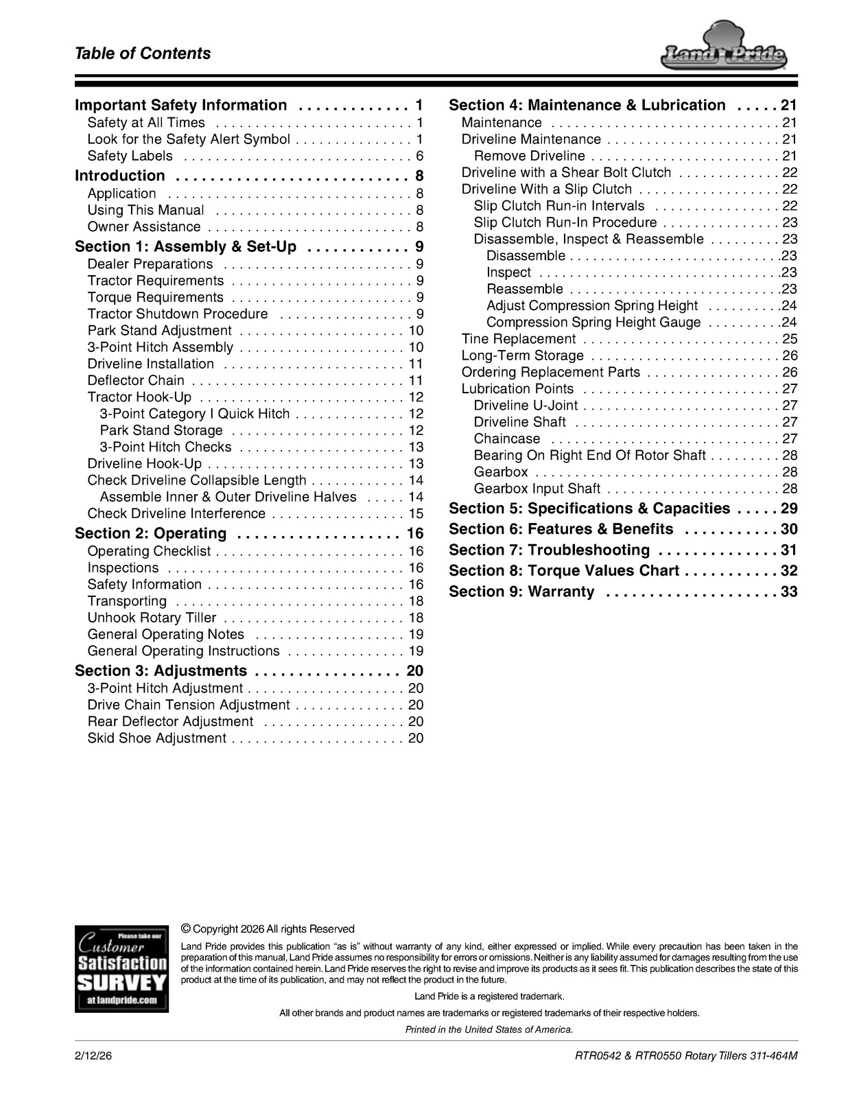LAND PRIDE RTR05 Series Reverse Rotation Rotary Tillers Operators Manual – BOUND