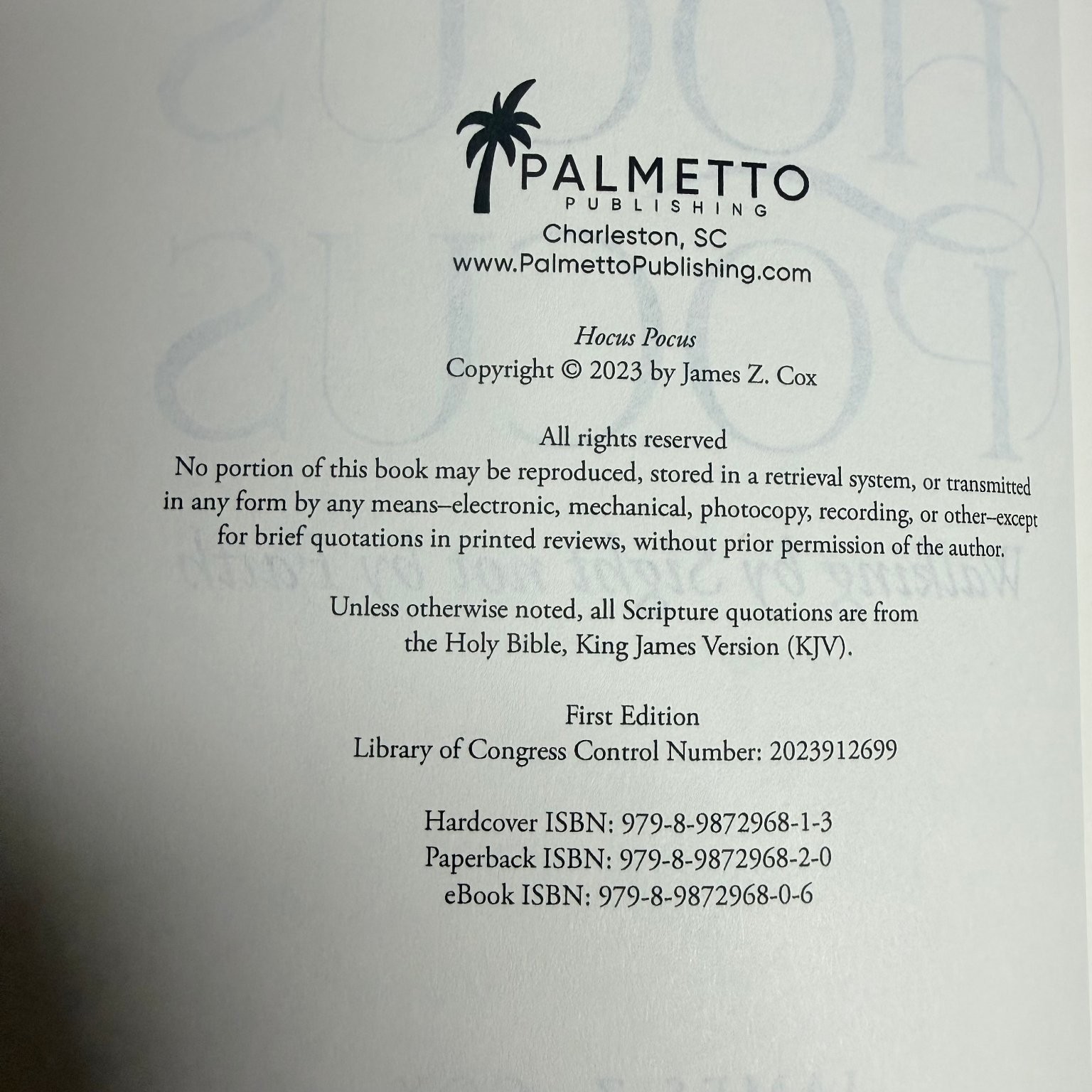 Hocus Pocus James Z. Cox 2023 First Edition Signed Inscribed Palmetto Athiest