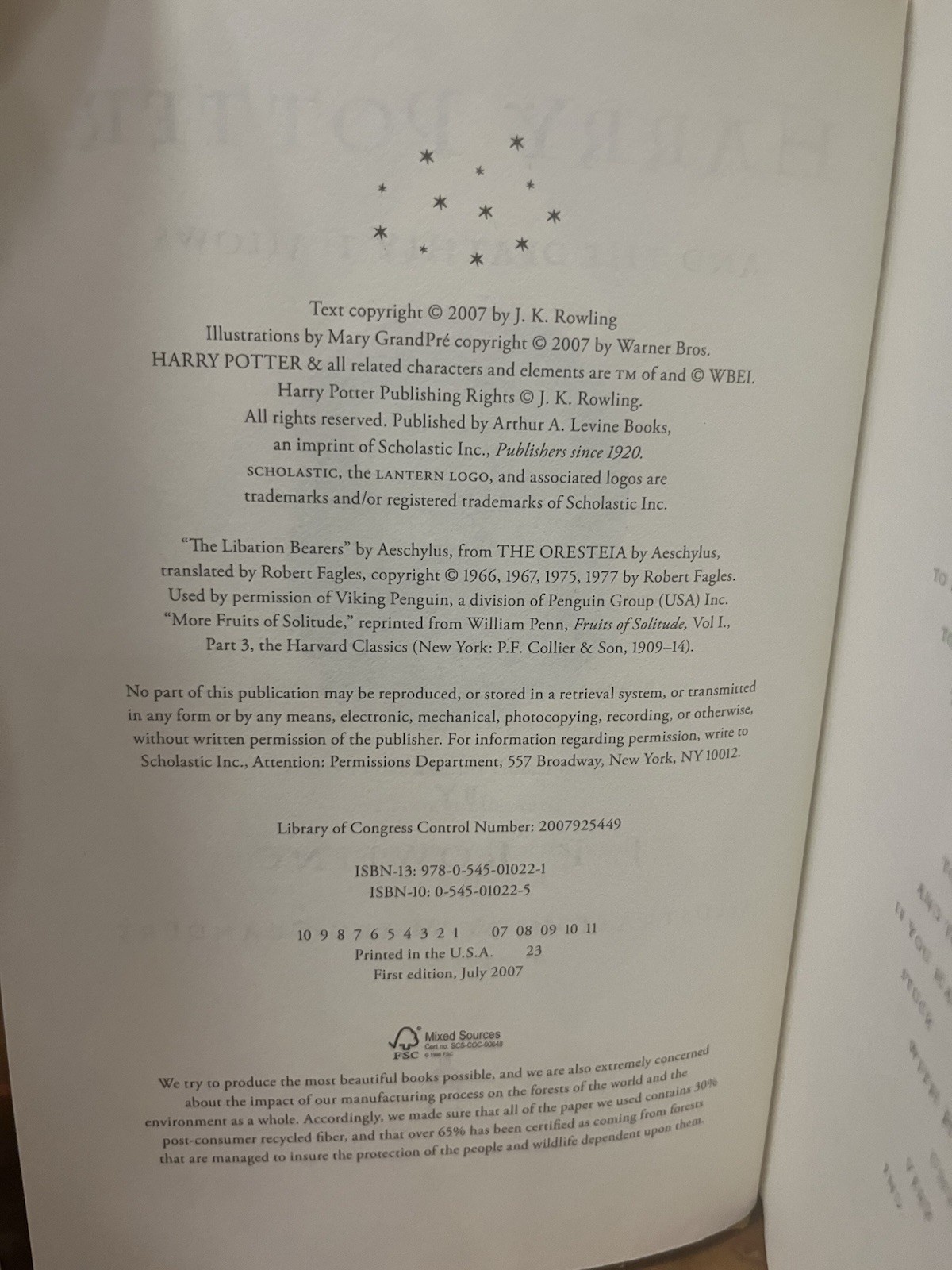 HARRY POTTER and The Deathly Hallows RARE FIRST EDITION Page 759 Error